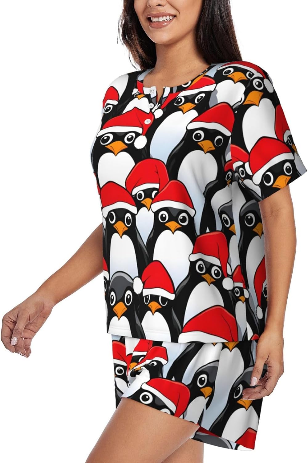 Christmas Penguins Print Women'S Short Sleeve Pajama Set,Stylish And Comfortable,For Lounging And Relaxing