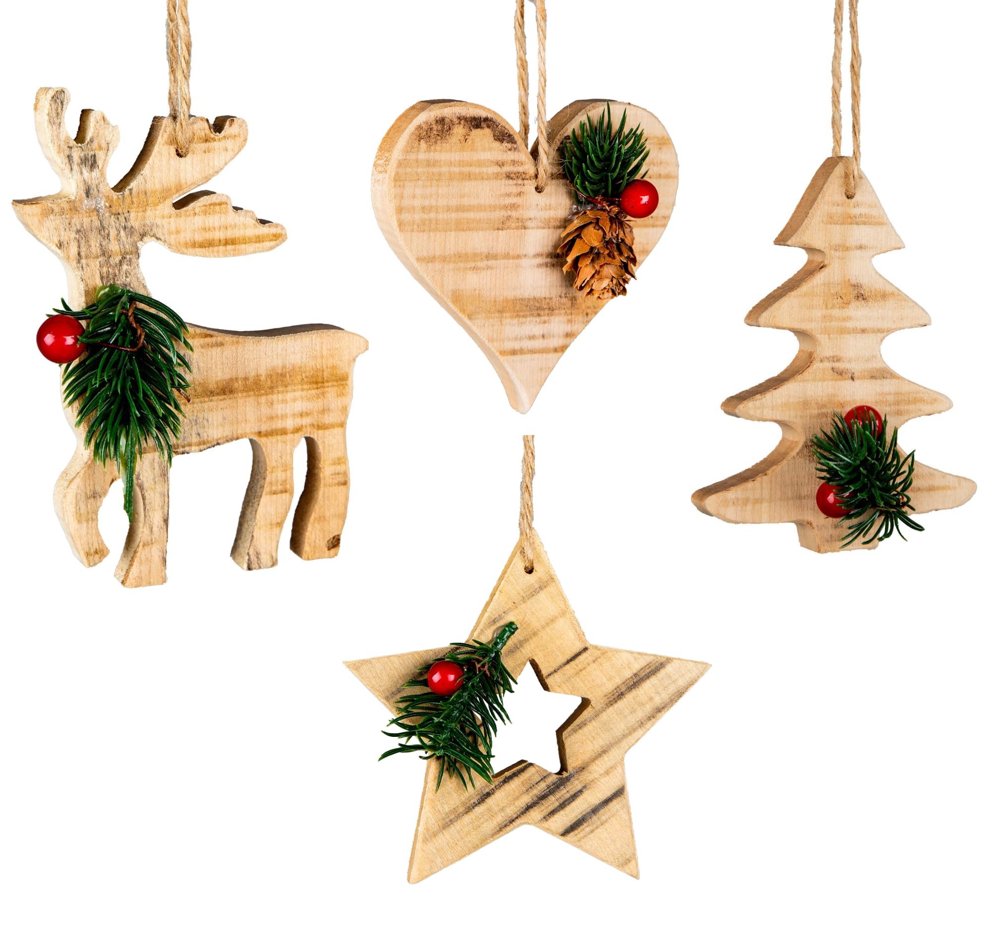 Shatchi Wood 4Pcs Rustic En Star, Tree, Reindeer, Heart Christmas Tree Hanging Decorations Assorted - Christmas En Festive Ornaments Hanging Xmas Pendants Diy Crafts Gifts