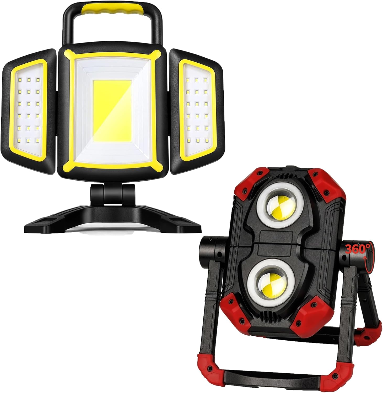 Yzoni LED Work Light Rechargeable, 2 COB Folding Portable Flood Light with Magnetic Base and 360° Rotation Stand, Waterproof Spotlights for Camping, Car Repairing, Emergency and Job Site Lighting