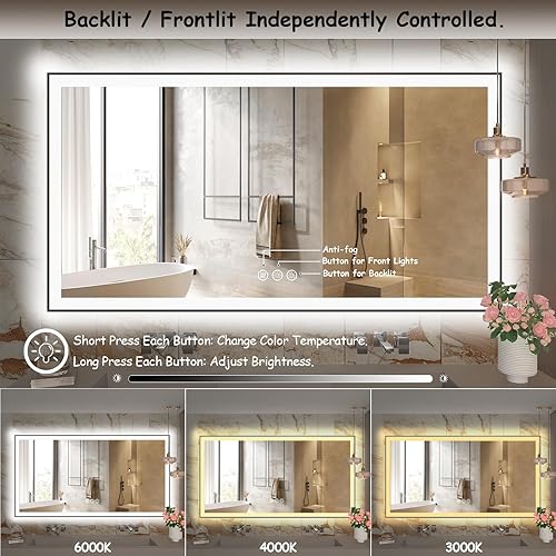 Miniatura 3 de Espejo de baño LED enmarcado de 72 x 40 pulgadas, espejo de tocador grande iluminado para pared, regulable, antivaho, a prueba de roturas, memoria