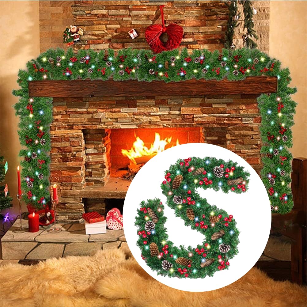 Coolchic Christmas Garland, 9FT/2.7M Premium Christmas Garland with 50 LED Lights, Greenery Xmas Garland with 20 Pine Cones 90 Red Berry Christmas Decoration for Indoor Outdoor Home