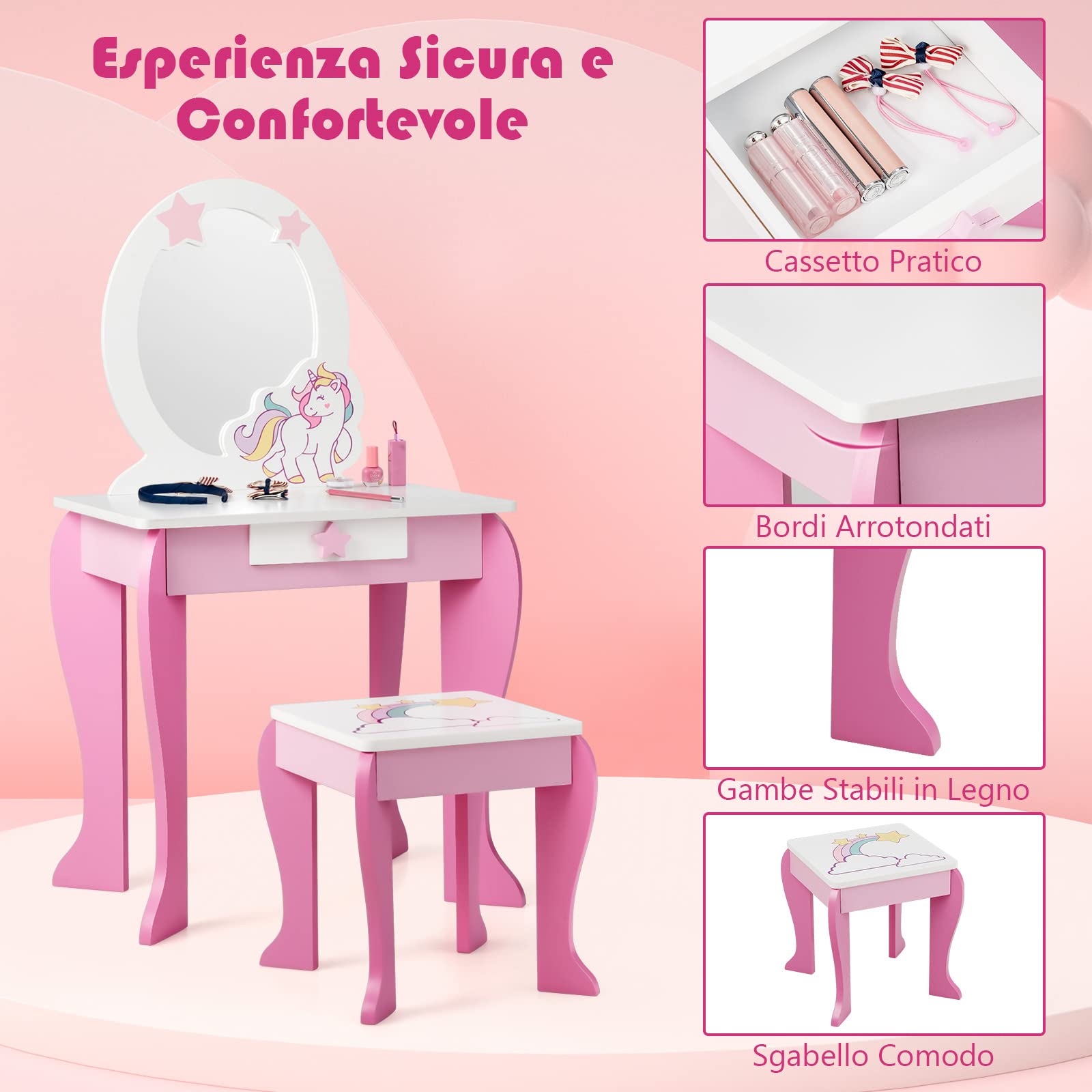 RELAX4LIFE Toeletta da Trucco con Sgabello per Bambini, Scrivania con Specchio Rotondo Rimovibile, Cassetto con Manopola a Stella, Scrivania e Sedia per Cameretta, Modello Unicorno (Rosa)