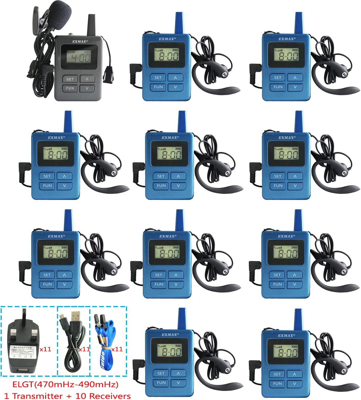 EXMAX ELGT-470 UHF Wireless Audio Tour Guide System Assistive Listening Church Translation Equipment 100 Channels for Language Interpretation Conference Outdoor Activities 1 Transmitter 5 Receivers