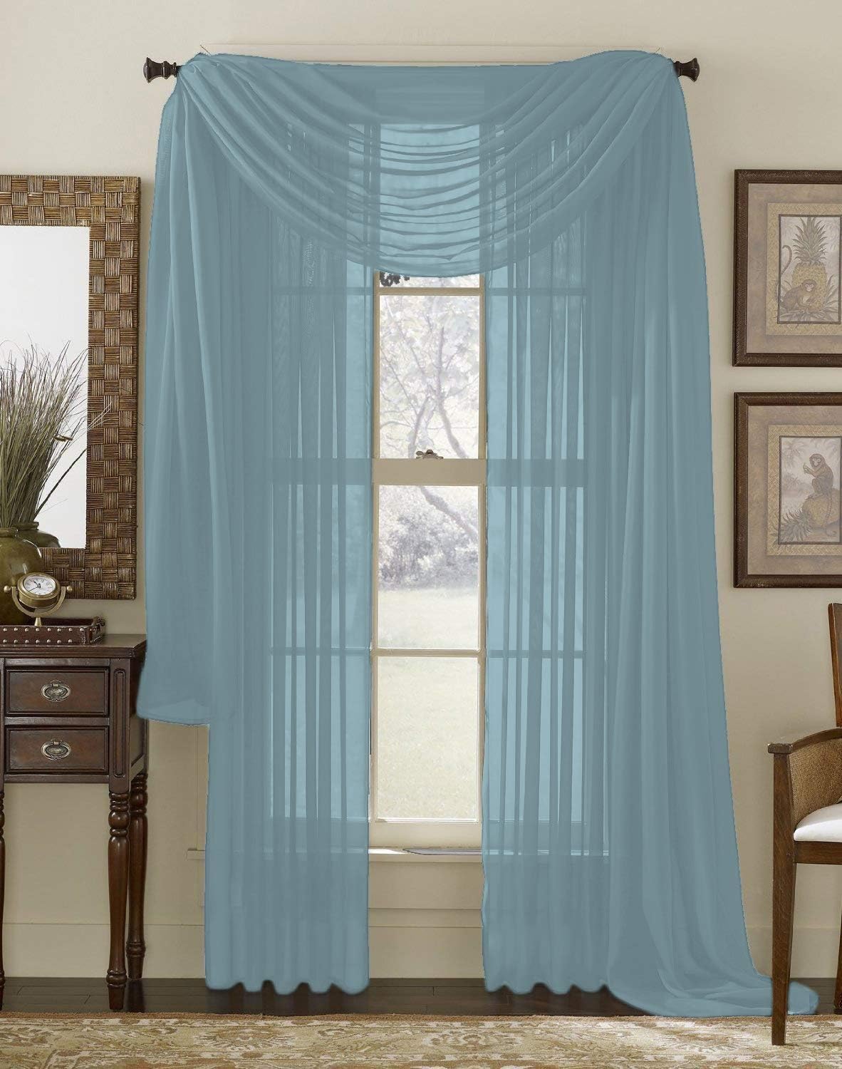 Interior Trends 3 Piece Fully Stitched Sheer Curtain Panel Window Drapes and Scarf Set of 2 Panels and 1 Matching Scarf (95" Long, Slate Blue)