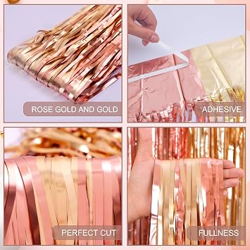 LOLStar Rose Gold Foil Fringe Curtains, Pink Gold Party Backdrop, 2 Pack | Rose Gold Birthday Decorations Pink and Gold Backdrop Photo Booth Props for Bridal Shower Ballerina Valentine's Party Decor