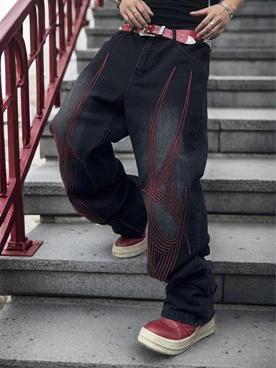 Men's Hip Hop Baggy Jeans Wide Leg Skater Jeans Vintage Loose Fit Denim Pants Streetwear Rock - Image 2