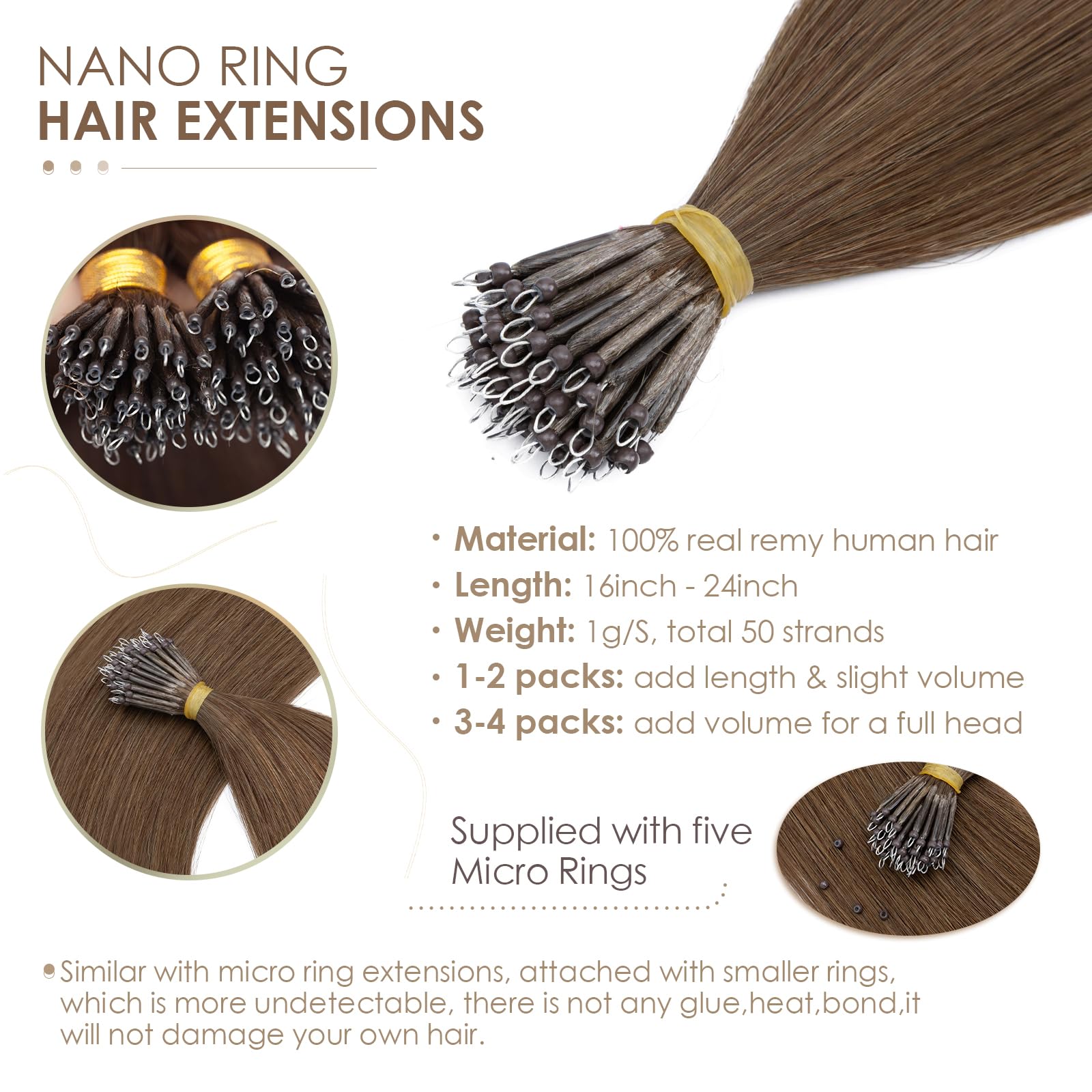 Silk-co Nano Ring Hair Extensions 18inch 1g/s Pre Bonded 50g Nano Breads Extensions Tip Bondings 100% Real Remy Human Hair #04 Medium Brown With Nano Beads Cold Fusion 50 Strands - Image 2