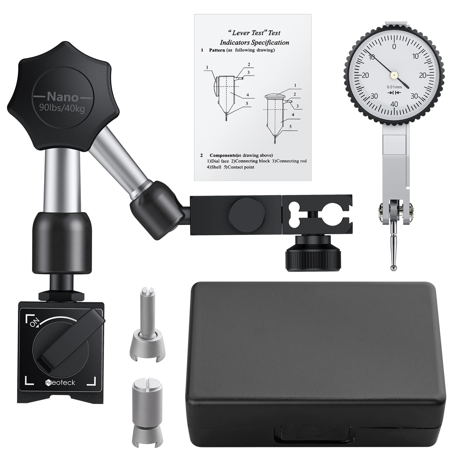 Neoteck Indicatore Digitale a Quadrante 0~0,8 mm con Supporto Magnetico Comparatore a Leva con Sonda Rotazione di 270° Indicatore di Prova a Quadrante per Laboratori di Meccanica Industriale