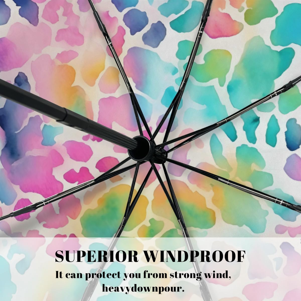 Abstract Colorful Leopard Skin Folding Umbrella Windproof Compact Lightweight Travel Umbrella with 8 Reinforced Ribs, Portable UV Sun & Rain Protection for Men & Women