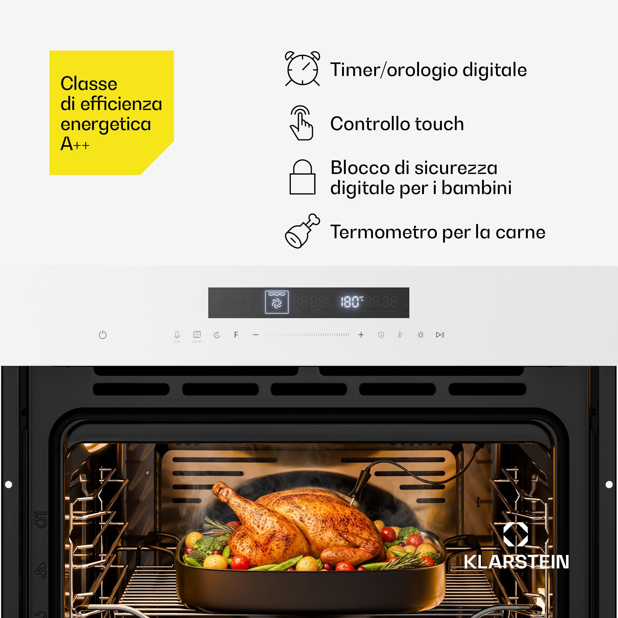 Klarstein Airjet Forno da Incasso 72L - Forno Elettrico Ventilato con Airfryer, 13 Funzioni, Touch, Classe A++, Pulizia Facile, Blocco Bambini, Sonda Temperatura, 60 cm, Bianco