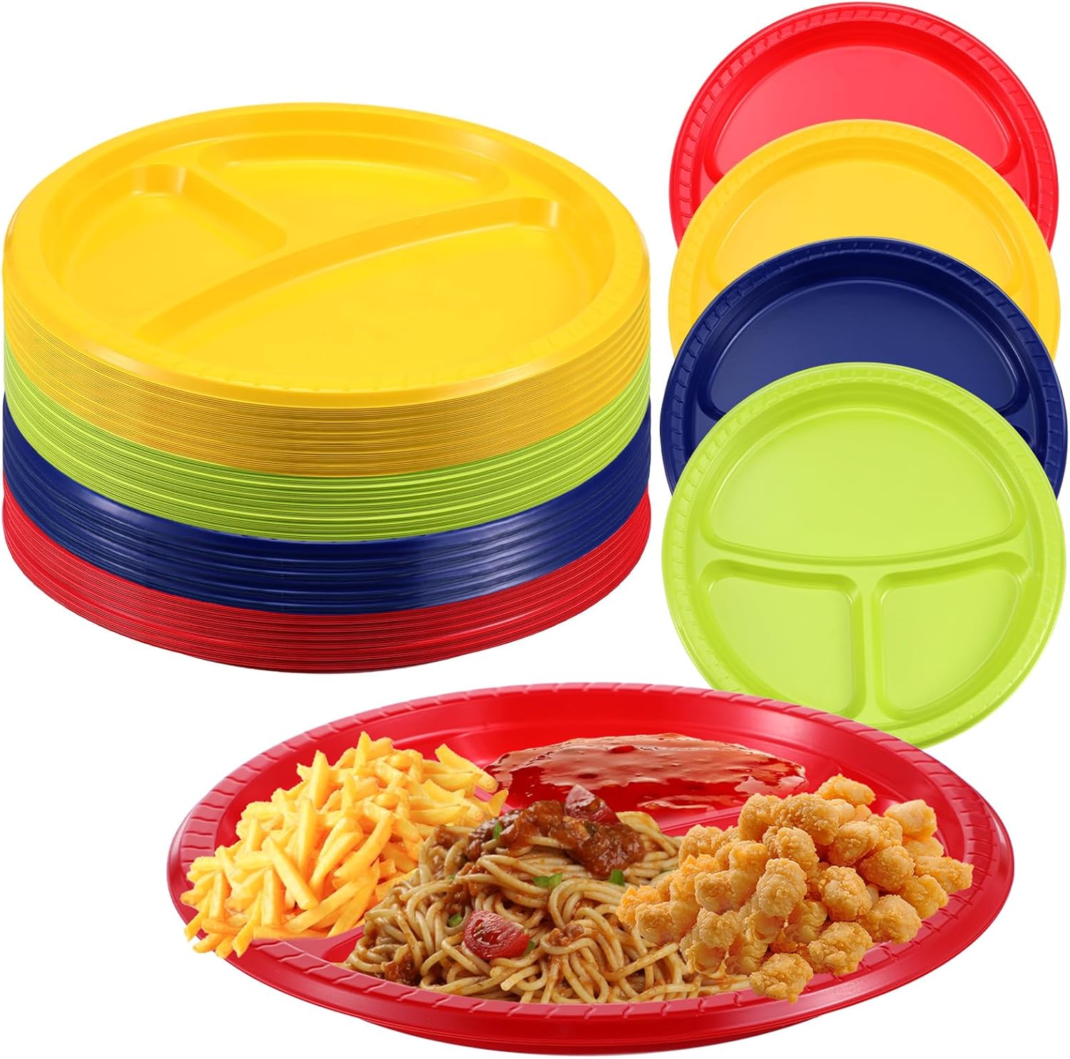 100 Pcs 10 Inch 3 Compartment Plates Plastic, Divided Plate, Section Plates Heavy Duty Disposable Dinnerware for Party Wedding Birthday(Red, Yellow, Blue, Green)