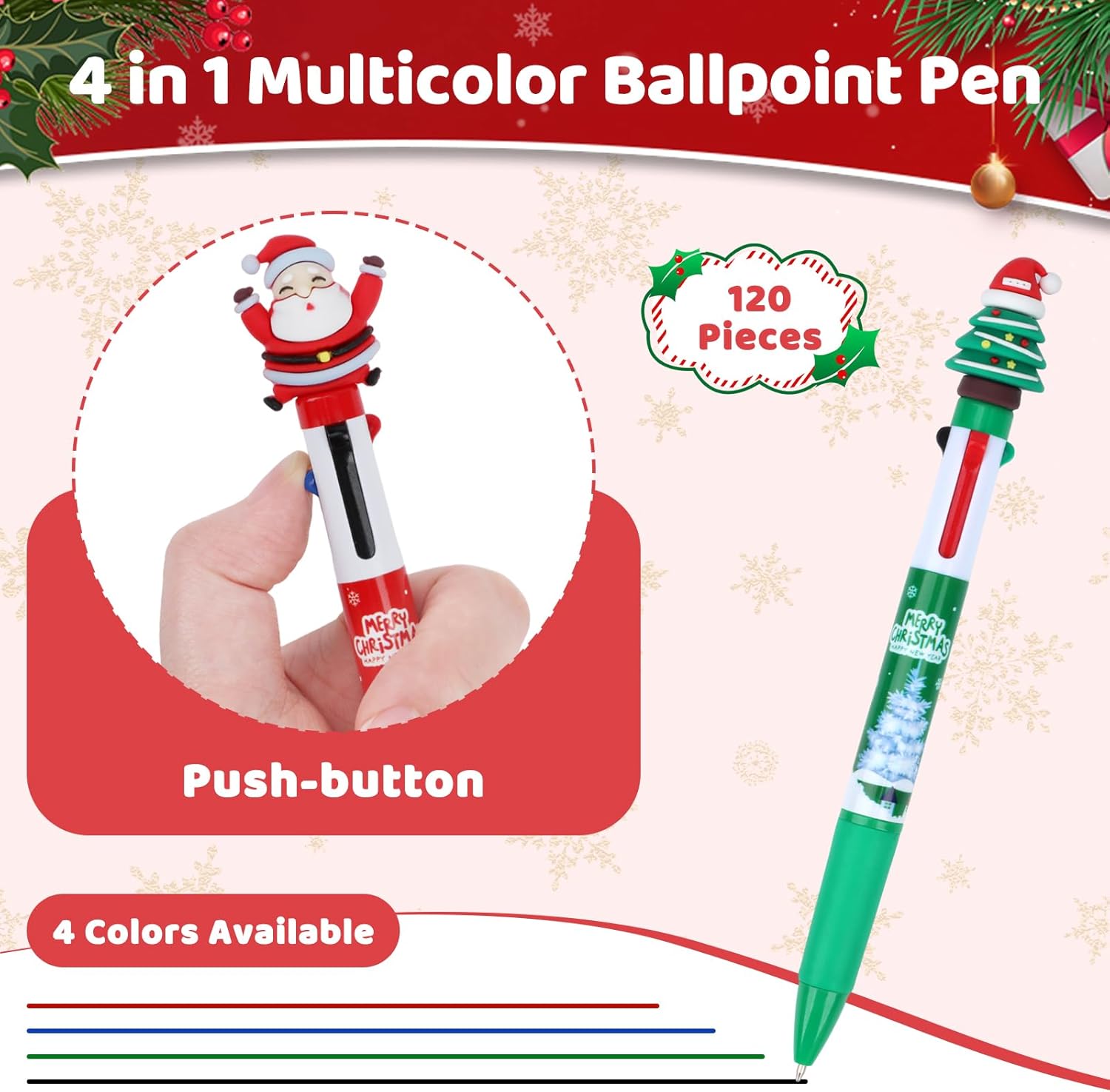 SAYAYA 120 Pieces Christmas Multicolor Pens – All In One 4-in-1 Ballpoint Pen 0.5mm Retractable Writing Pens with Santa Snowman Reindeer Designs for Holiday Office Coworker Supplies Gifts