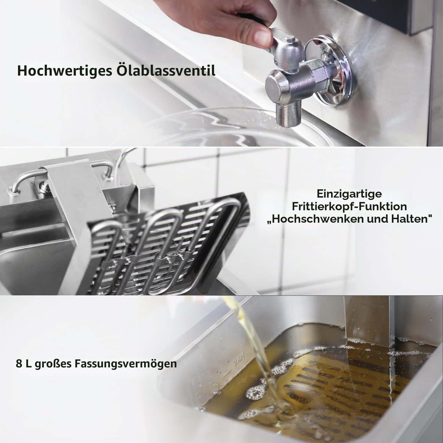 CROSSON Kommerzielle Elektrische Fritteuse 8 Liter,3250W Professionelle Elektrische Fritteuse aus Edelstahl mit ablaufhahn,Temperaturkontrolle 80-200°C für Hotel- und Gastronomieküchen