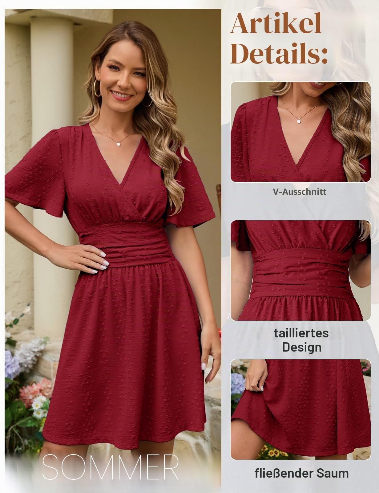 heekpek Damen Sommerkleid Kurzarm V-Ausschnitt A-Linie