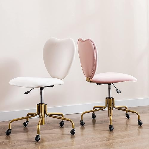 Miniatura 7 de Silla de escritorio giratoria ajustable con ruedas, silla tapizada de terciopelo para oficina con respaldo de corazón, rosa