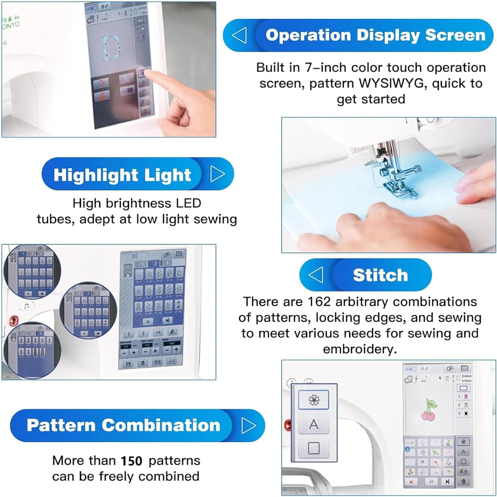 Macchina Da Ricamo Con Ampio Schermo Lcd Touchscreen, 150 Motivi Di Ricamo E 162 Disegni Di Punti, Tagliafilo Automatico, Ideale Per Abbigliamento, Tessuti E Progetti Fai-da-te.