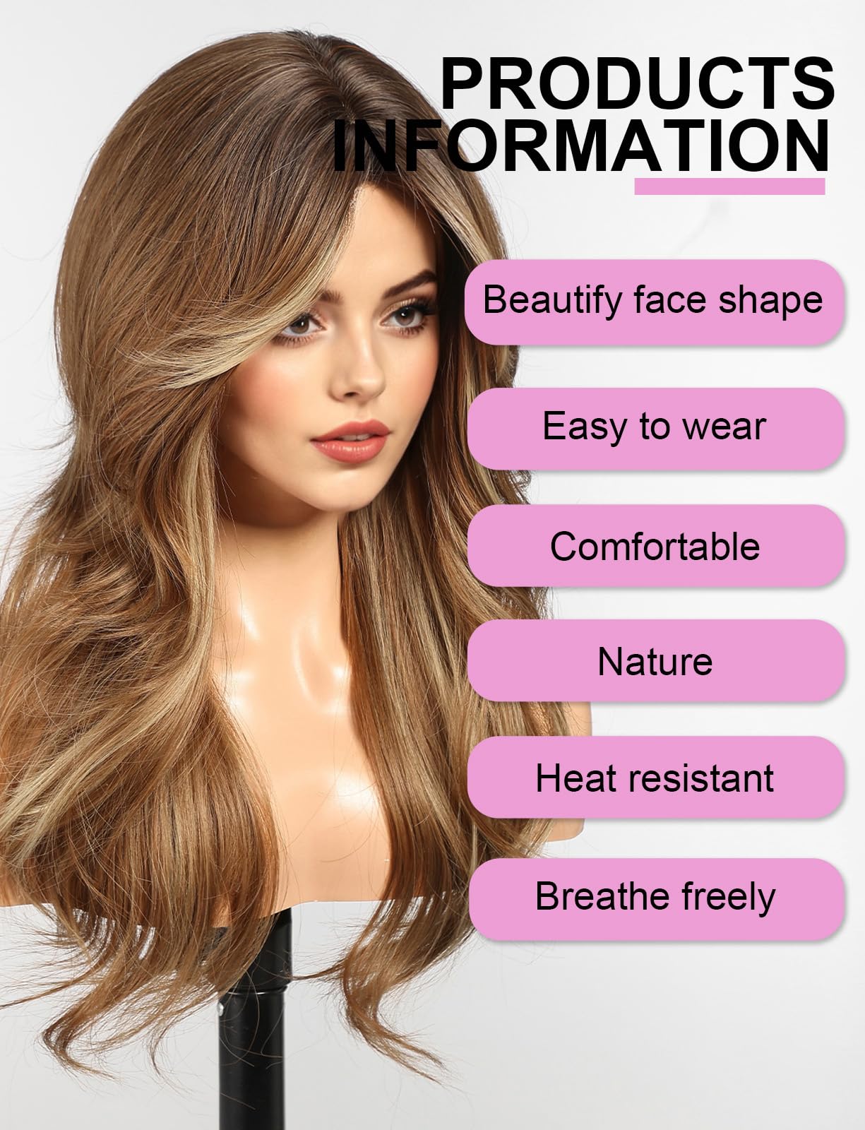 WOKESTAR Natural Long Wigs for Women with Fringe Synthetic Heat Resistant Hair Mixed Brown Wig for Daily Party Cosplay Use - Image 2