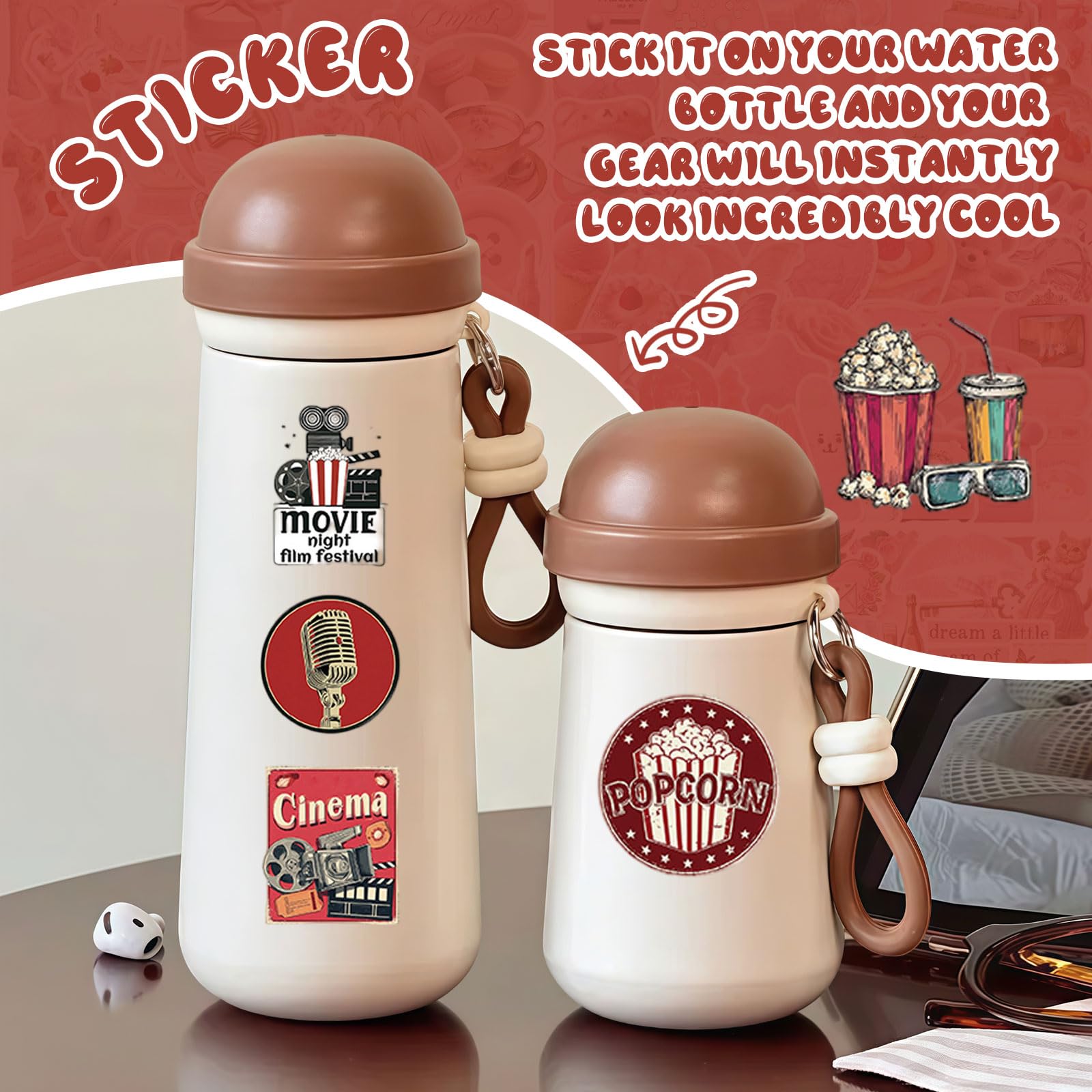 100 Pezzi Adesivi Estetici Film, Decorazioni Tema Serata Cinema Per Regali Di Festa, Bottiglia D’acqua, Scrapbook, Computer Portatile, Divertenti Sticker Cinema - 5