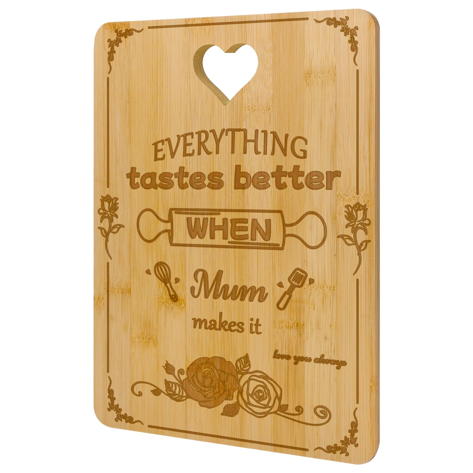 Zindoo Gifts for Mum, Mum Birthday Gifts - Heart Handle Engraved Bamboo Chopping Board, Mum Gifts from Daughter Son, Kitchen Presents for Mum, Mummy Gifts for Birthday Mother Day Christmas