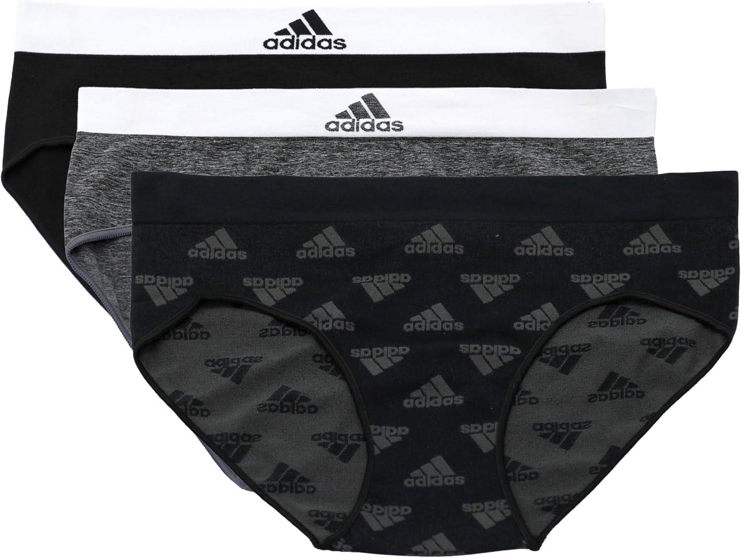 adidas Underwear for Women, Seamless Brief Panties 3-pack, Black Logo/Heather Grey/Black, X-Large