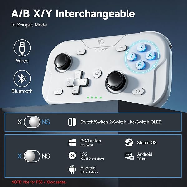 AceGamer Pocket Controller, Mando inalámbrico para Switch/PC/iOS/Android, minicontrolador con Joystick, Turbo, Sensor giroscópico de 6 Ejes y activación con un Solo botón(Blanco) - 4