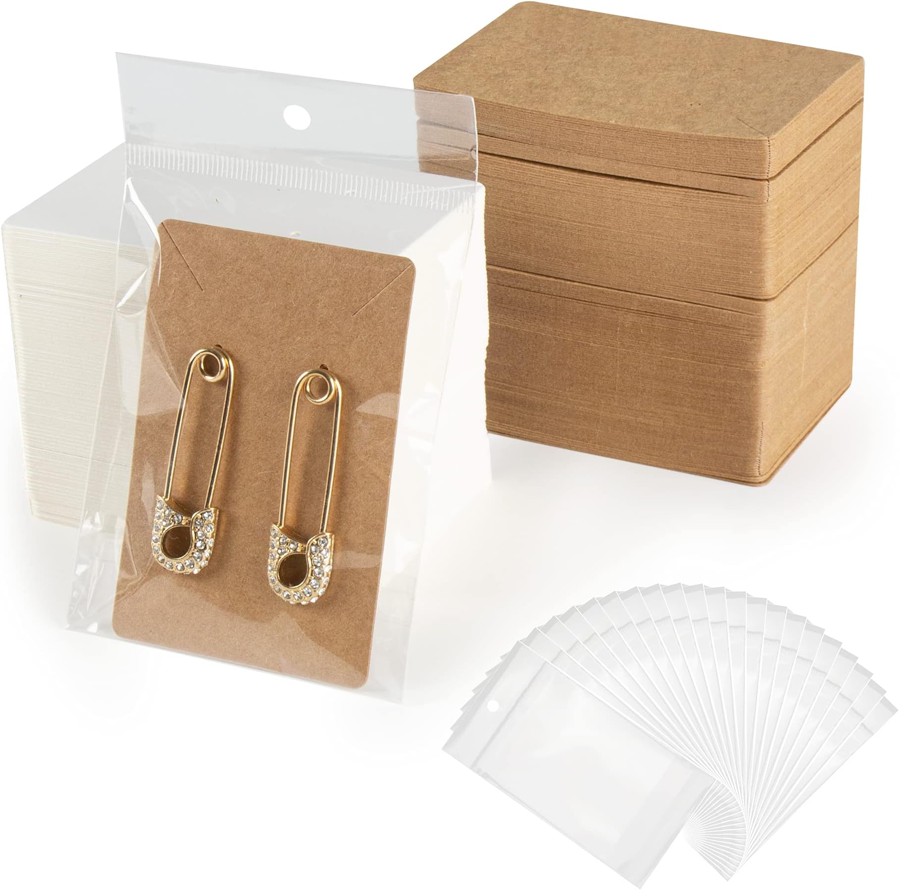 PGFUNNY 300 Pack Earring Cards - Earring Holder Cards with 300 Pcs Bags, Necklace Cards Kraft Paper DIY Jewelry Accessories Cards Jewelry Packaging
