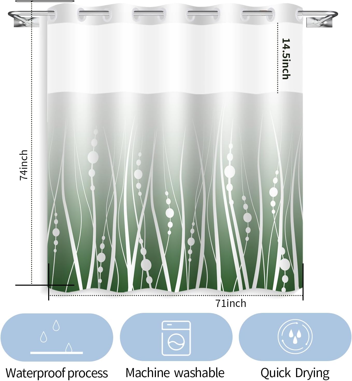 No Hook Design Stripe Shower Curtain Sage Green Gradient Background with White Stripes Create a Minimalist Style Modern Hotel Shower Curtain 71x74inch