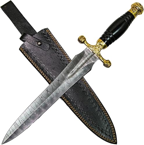 Armory Replicas Daga ceremonial vikinga medieval forjada a mano de acero de Damasco Guardia de latón, funda de cuero genuino Patrones únicos, hoja
