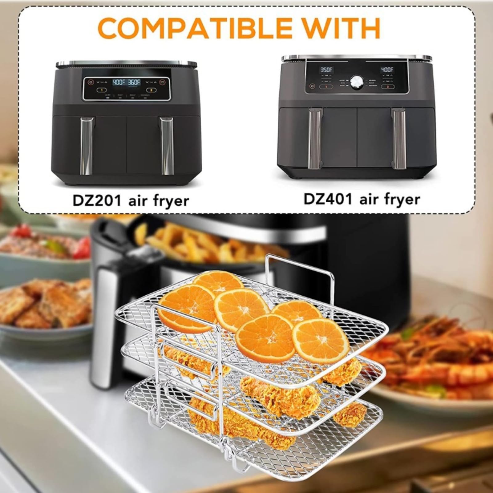 3 Pezzi Cestelli per Friggitrice ad Aria, Inossidabile 304, Strati per Friggitrice ad Aria Forno, Cestelli per Disidratatore Impilabili, Tre Rack Supporto per Griglia, Griglia per friggitrice ad aria