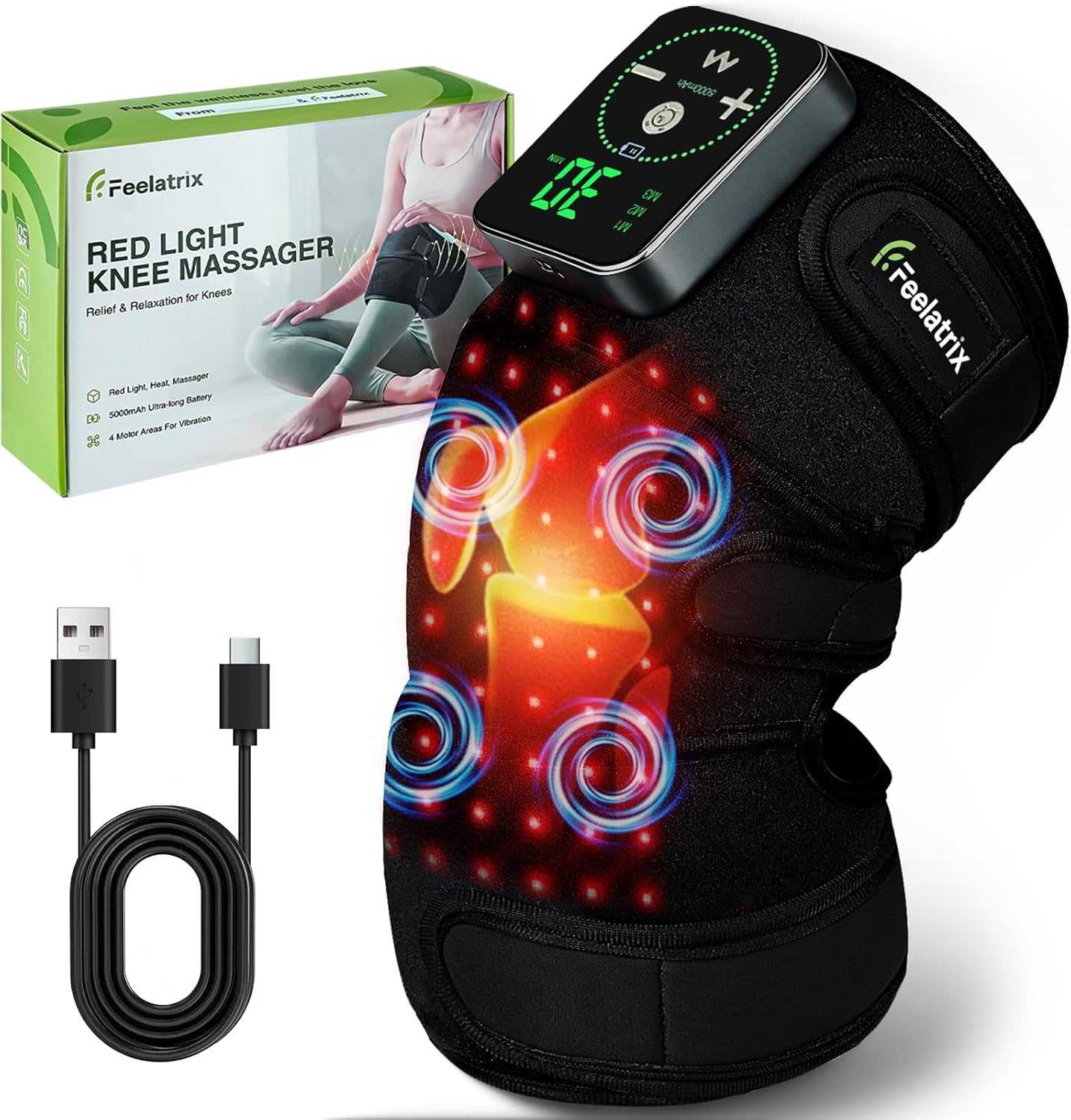 Knee Massager with Heat and Red Light Therapy Dual-Wavelength 660nm 850nm, 4-Motor Surround Knee Brace Wrap, 5000mAh Portable Knee Pain Relief Products for Recovery