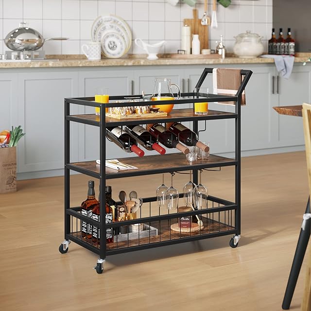 YITAHOME Mobile Bar Serving Trolley for Dining Room, 3-Tier Industrial Kitchen Trolley with Wine Rack,Glass Holder and Holder, Drinks Storage Cart on Wheels for Home,Party, Rustic Brown