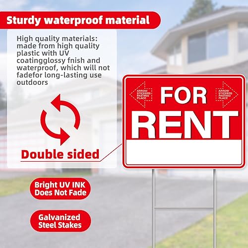 Miniatura 5 de Letreros de alquiler con estacas, 1 letrero de doble cara de 17 x 13 pulgadas, estaca de metal en H, letreros de patio con calcomanías de flecha,