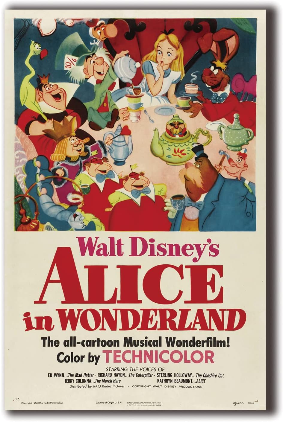Alice in Wonderland Movie Poster 1951 Vintage Cartoon Poster for Home Decor Wall Art 11x17inch (28x43cm) Frameless Gift