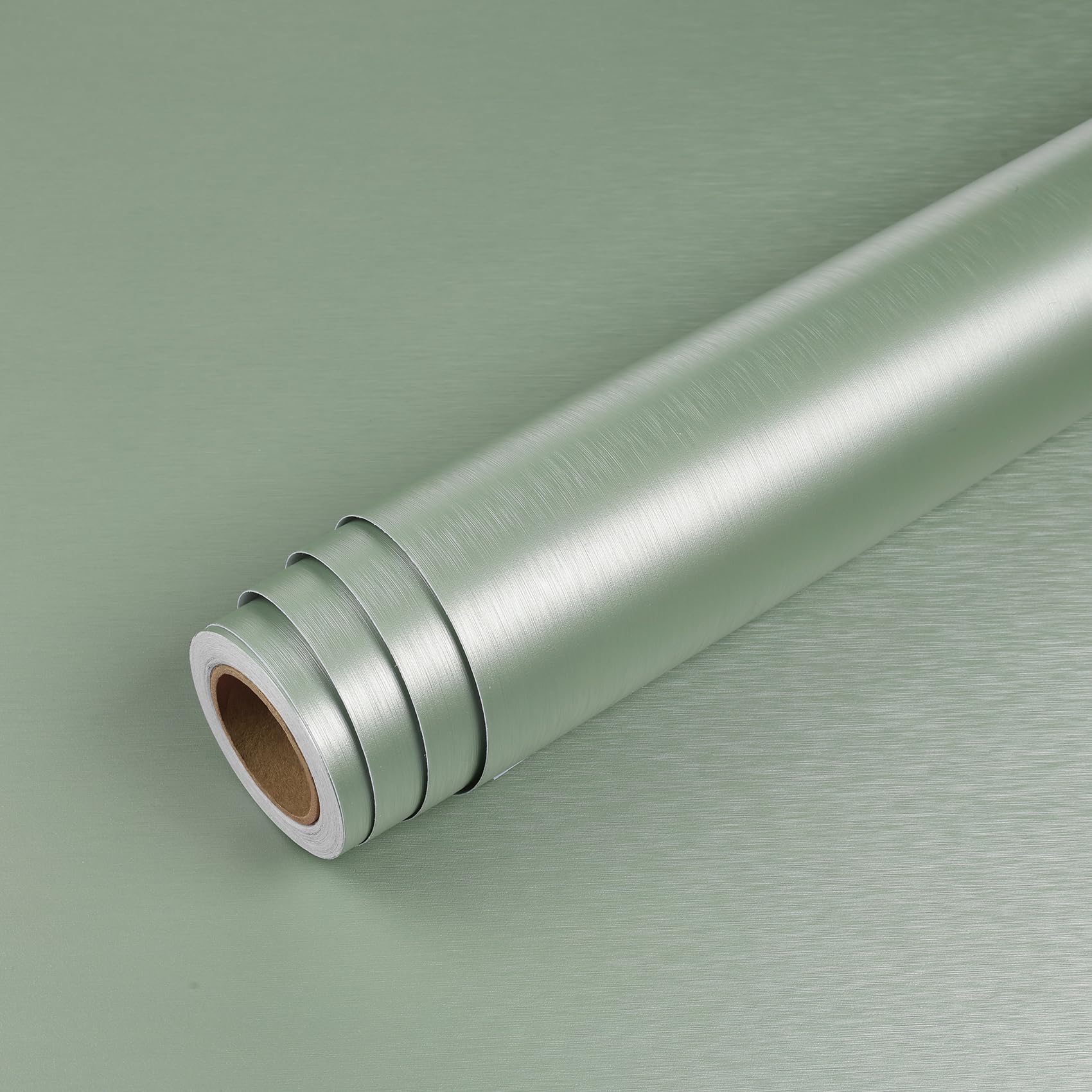 Livelynine Vinyl Wrap for Kitchen Cupboards Sage Green Brushed Metallic Effect 40CMx5M Oil Proof Sticky Back Plastic for Furniture Kitchen Table Top Fridge Freezer Light Green Stick on Wallpaper