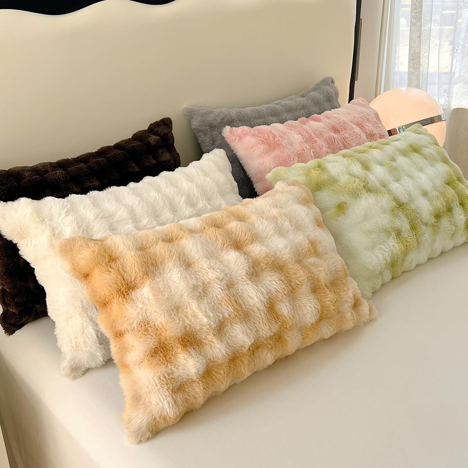 ZIQINPSQ Flannel Pillow Cases King Size Set of 2, Ultra Soft Faux Rabbit Fur with Plaid Pattern, 20x36 Inches, Warm and Cozy Boho Style Pillow Covers with Zipper Closure,Chocolate