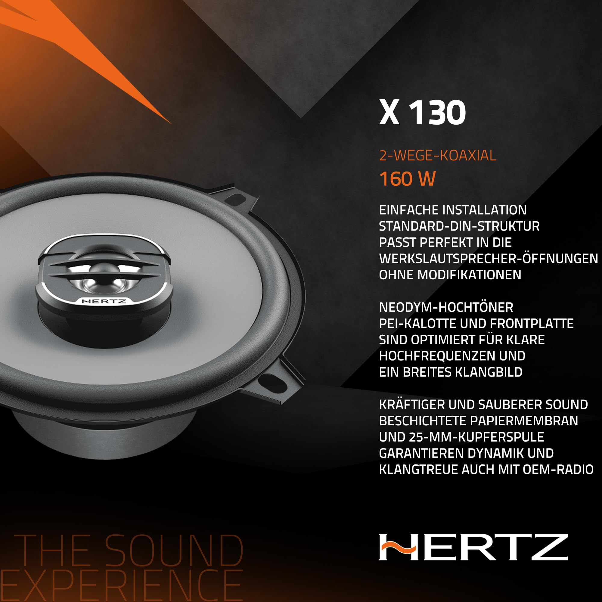 Hertz X 130 – Paar 2-Wege-Koaxiallautsprecher 130 mm, 160W Spitzenleistung, Polypropylen-Membran und integrierter Hochtöner