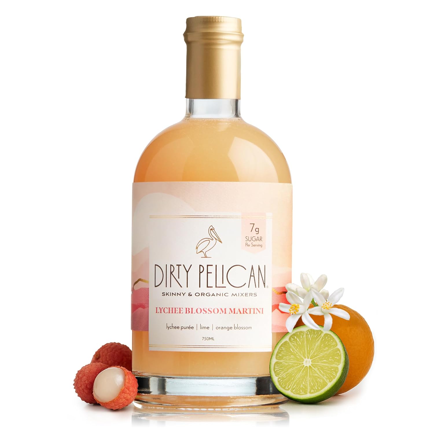 Dirty Pelican Cocktail Mixers - Lychee Blossom Martini - Skinny & Organic Drink Mixes for Cocktails - Low Calorie Mocktails - Low Sugar - Vegan - Gluten Free - No Preservatives - 750ml (1 Bottle)