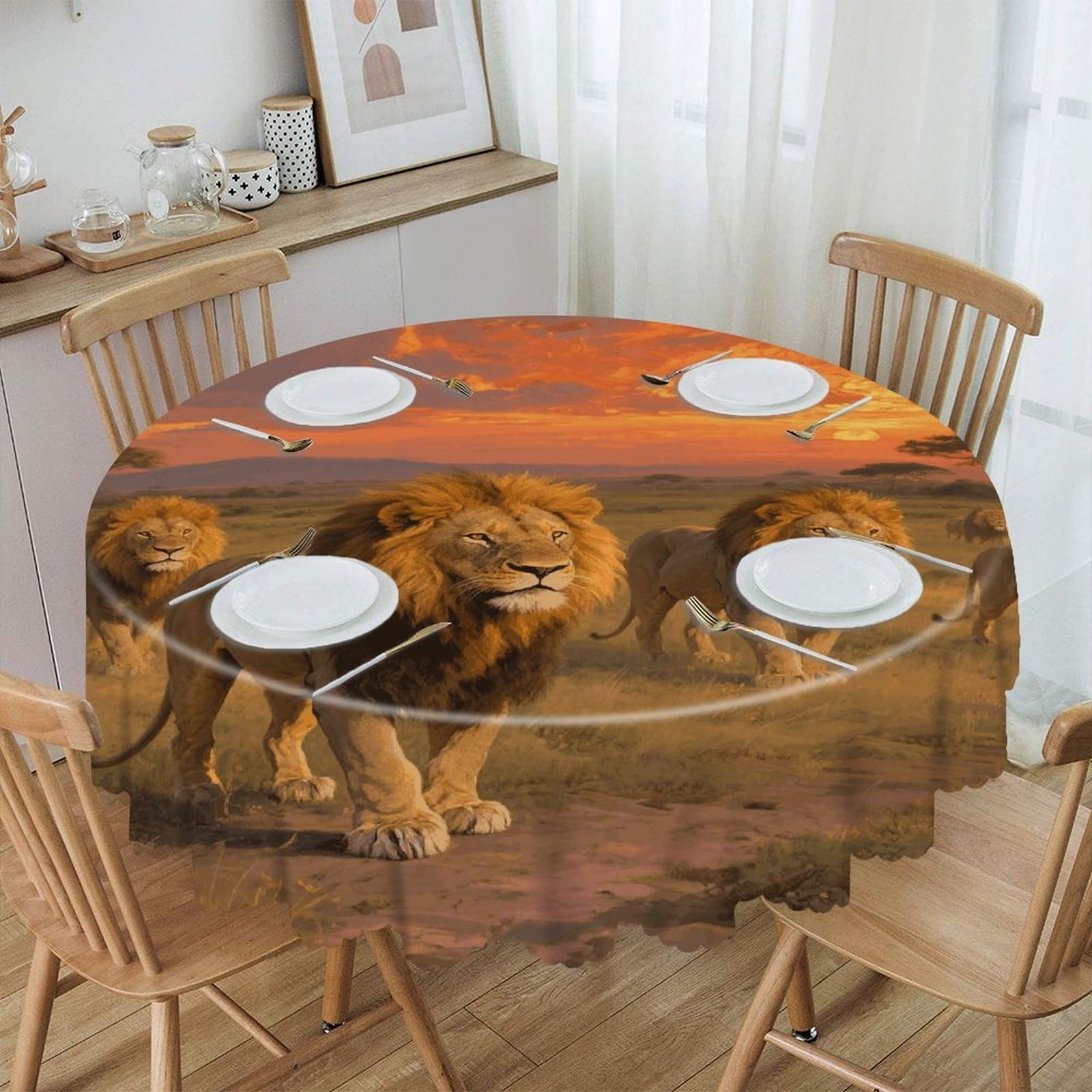 VstaDank Lion Round Tablecloth Wipeable Round Polyester Tablecloth Waterproof Wrinkle Free Indoor and Outdoor Table Cover 60 Inch Decorative Farmhouse Table Cloth for Dining