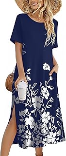 Women Floral Summer Dress Casual Beach Dress Printed T Shirt Dress Split Long Dress Travel 2025 Vacation Dress