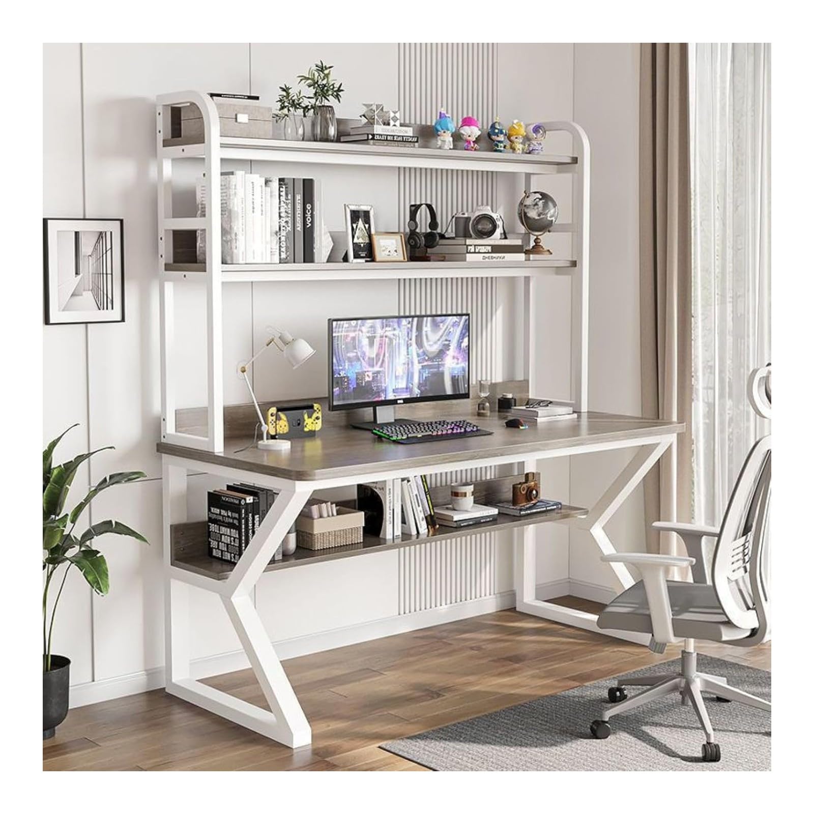 WDSOPK Computer desk Home Office Desk Computer Desk with Hutch and Bookshelf, PC Study Writing Desk,Bookshelf Workstation for Study Play Work Bedroom Home Office（Gray+white-47Inch）