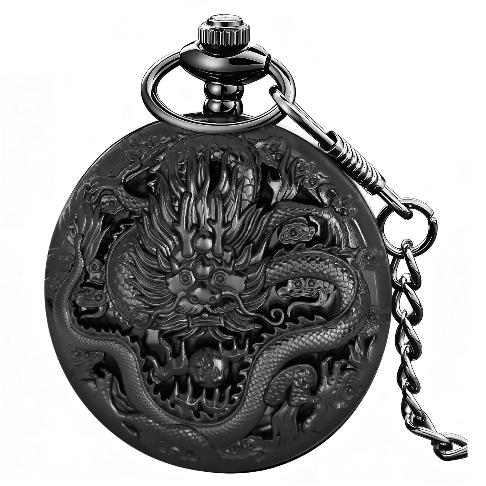 Dragon Design Quartz Pocket Watch Roman Numerals with Chain Birthdays Gifts for Father's Days