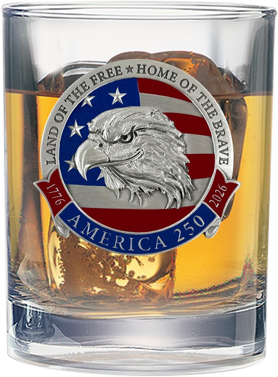 America's 250th Anniversary Eagle Head with Flag Double Old Fashion | Double Rocks Glass 14 OZ for Liquor | Expertly Crafted Pewter Glass