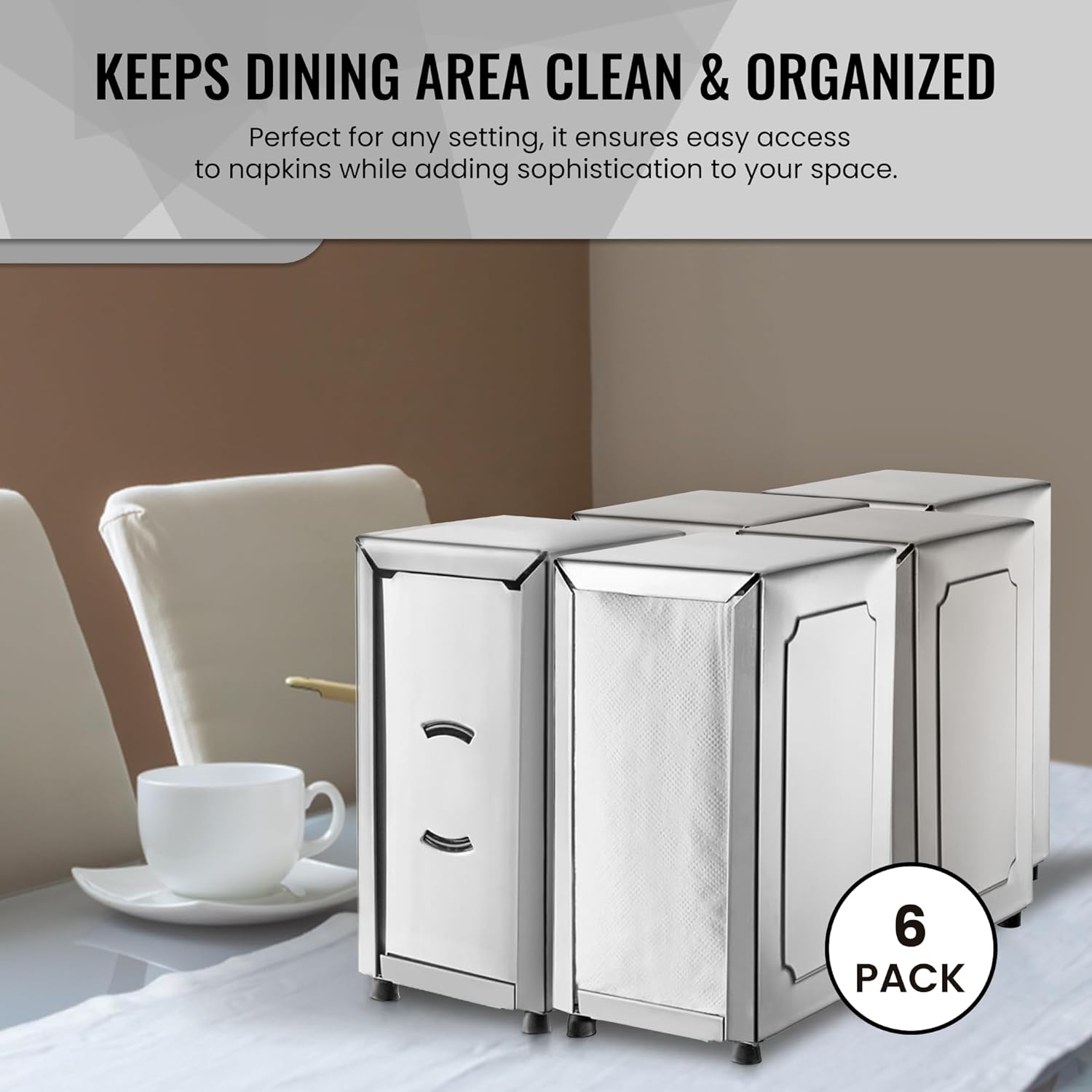 OCS Parts 6-Pack Tall-Fold Two-Sided Napkin Dispenser | Stainless Steel | Holds 150 6" x 13" Tall Fold Napkins | for Home Dining Room Tables, Kitchens, Restaurants, Food Trucks and Delis