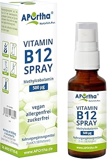 APOrtha® Vitamin B12 veganes Spray, 500 µg Methylcobalamin, 25 ml, Mundspray mit B12 Vitamin, hochdosiert, allergenfrei, vegan, alkoholfrei, glutenfrei, Alternative zu Tropfen und Tabletten