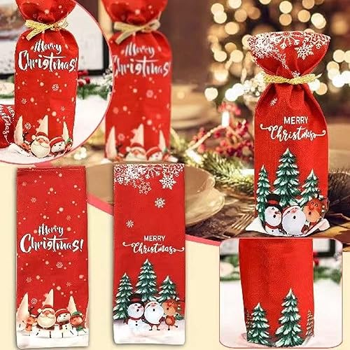 Miniatura 8 de Yahpetes Vestido de botella de vino de Feliz Navidad – 2 bolsas de cubierta de botella de vino tinto con cordón para decoraciones de fiesta de