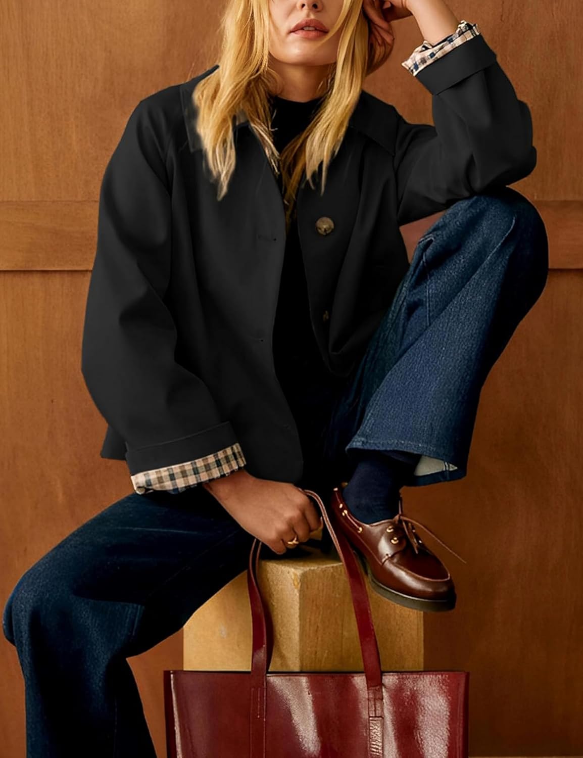 FSVABY Womens Short Plaid Trench Coat Lapel Button Down Jacket with Pocket - Image 2