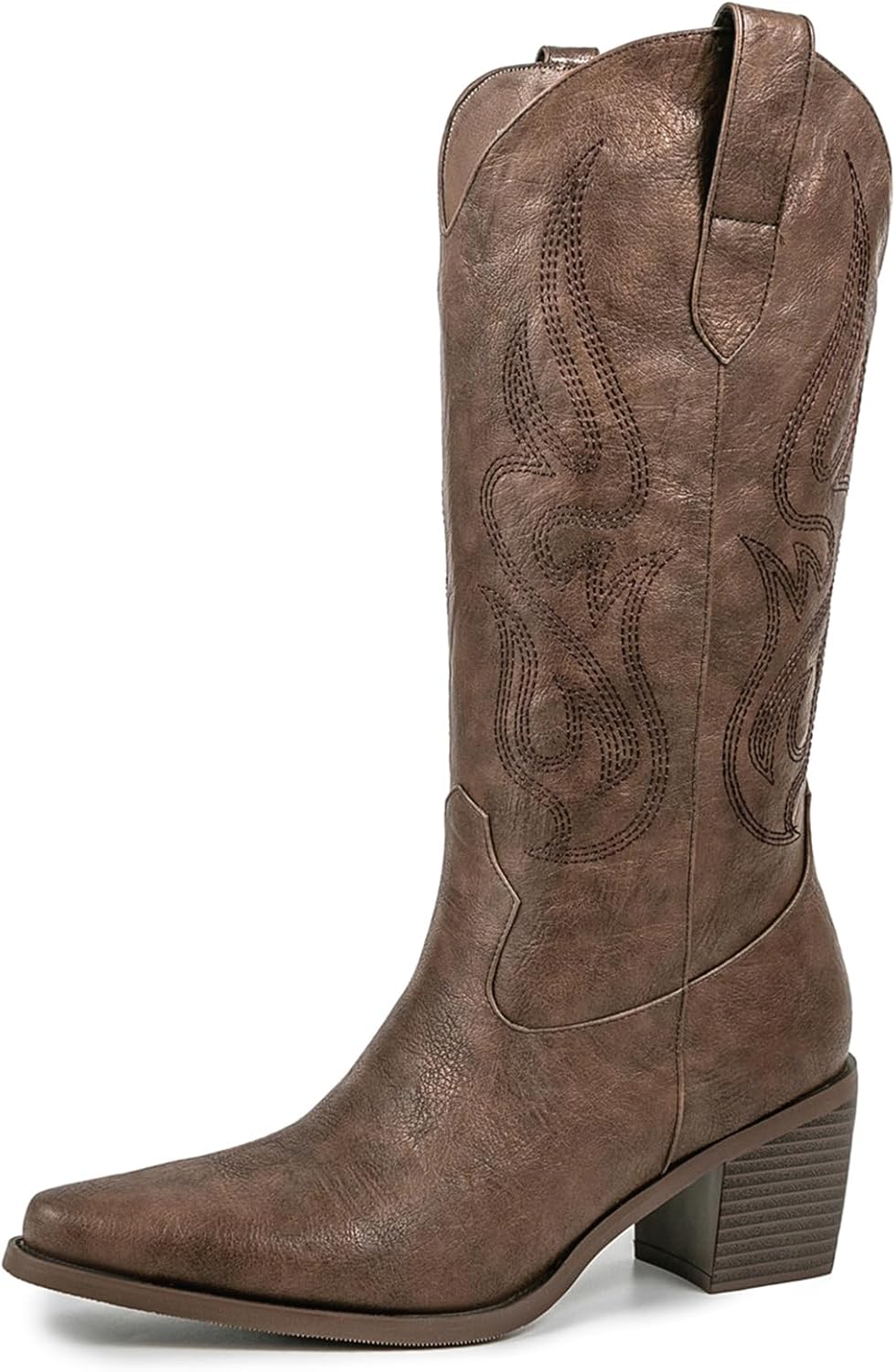 Pasuot Cowboy Boots for Women - Cowgirl Western Mid Calf Boots with Embroidery, Pointed Toe Retro Chunky Heel Slip On Fashion Classic Short Boots Pull On for Ladies Summer Fall 9.5 Brown
