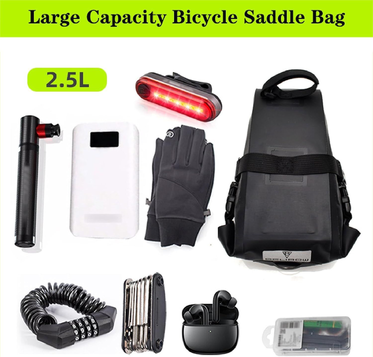 Bike Seat Bag, Waterproof Bicycle Saddle Bag Under Seat, Cycling Pouch with Reflective Area and Tail Light Loop,Bike Bag for Mountain Road bike Commuter accessories biking gear,Black,2.5L