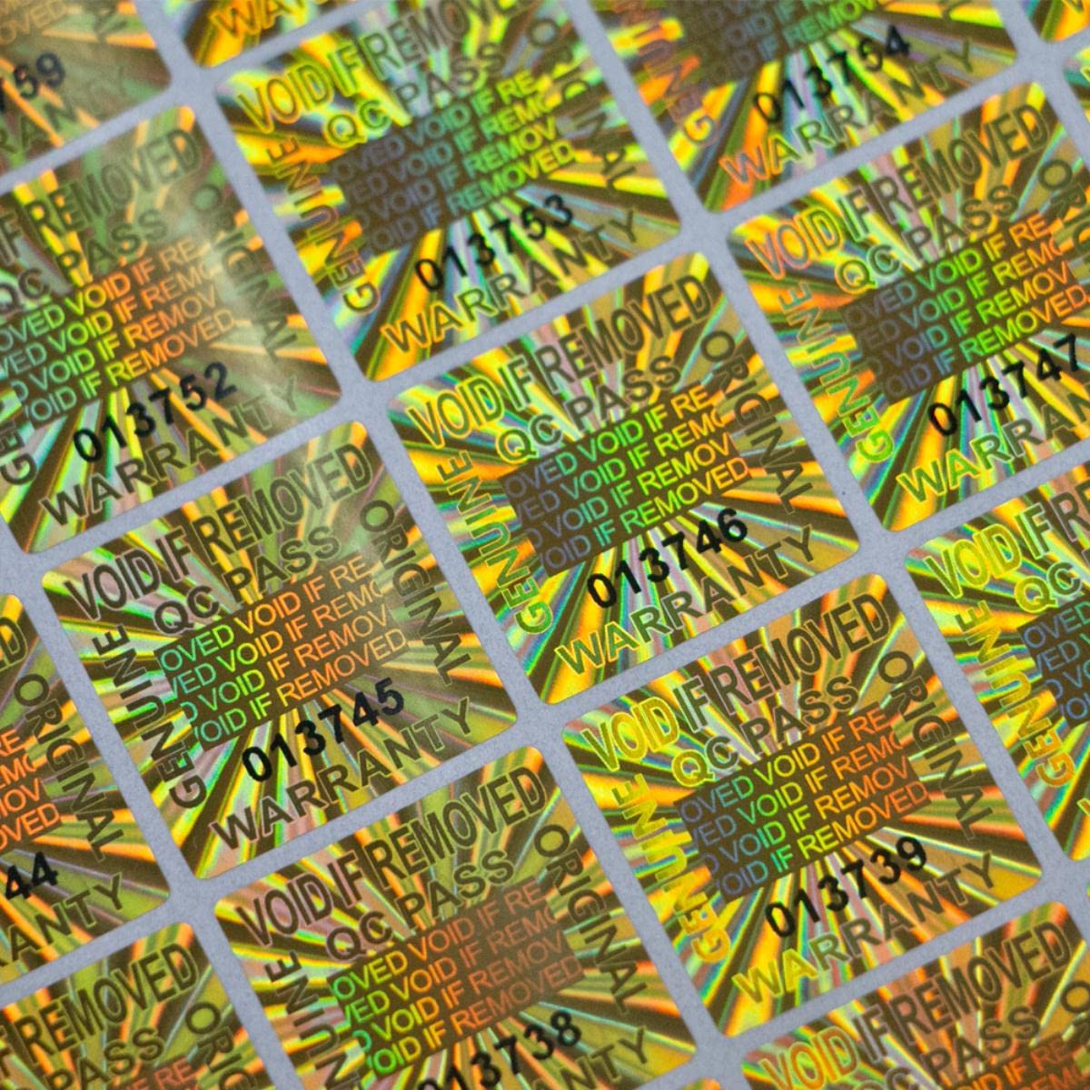 20x20mm Adesivi dorati garanzia nulla adesivo Tamper Evident Sigillo di sicurezza adesivo olografico Etichette adesive con numero di serie-1200 pezzi
