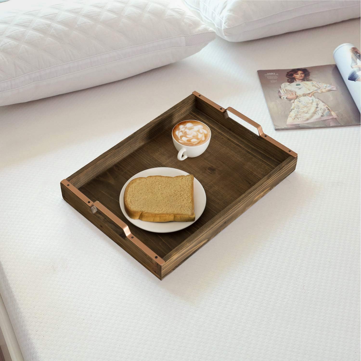 Get Special Price MyGift Rustic Burnt Wood 16-inch Breakfast Serving Tray with Copper-Tone Metal Handles